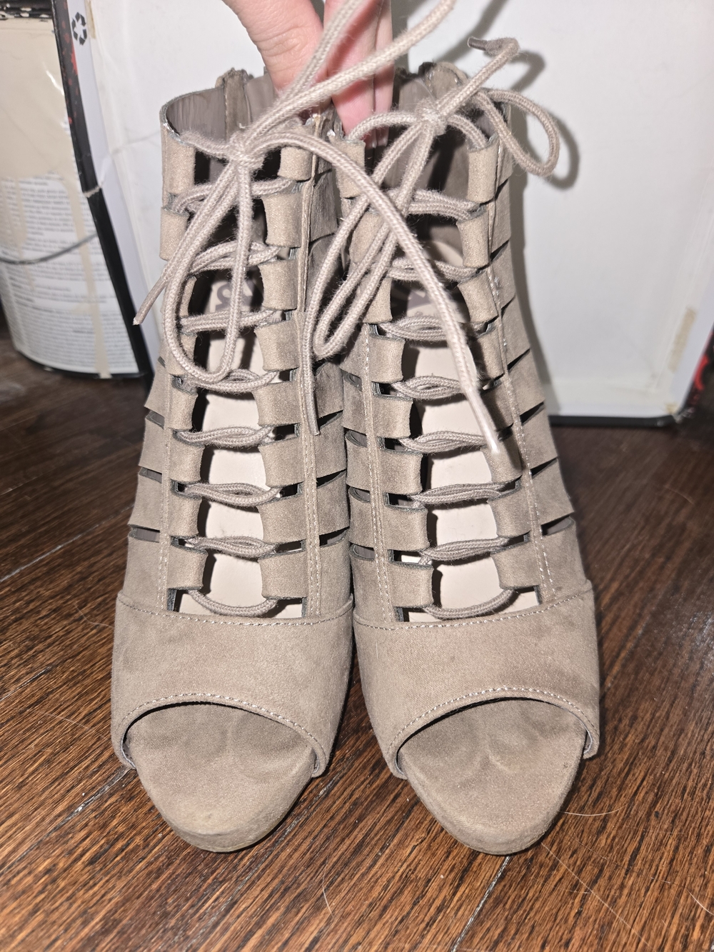 Fergalicious Taupe Suede Lace-Up Peep Toe Booties